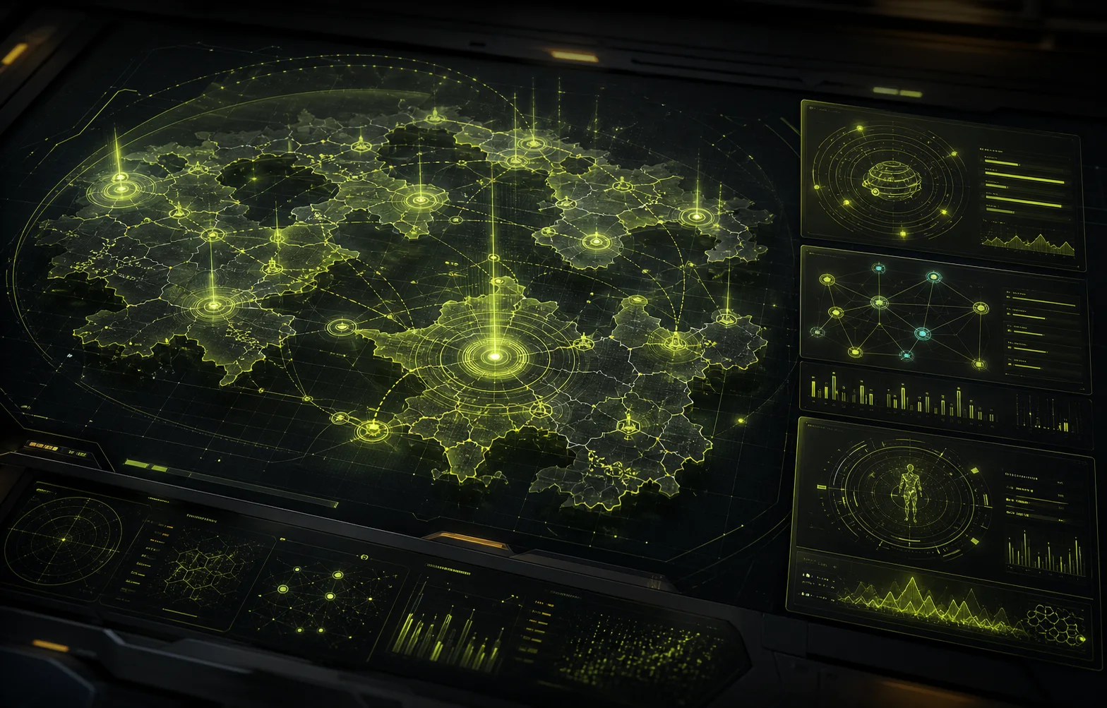 Tactical server map with alliance nodes and analytics panels